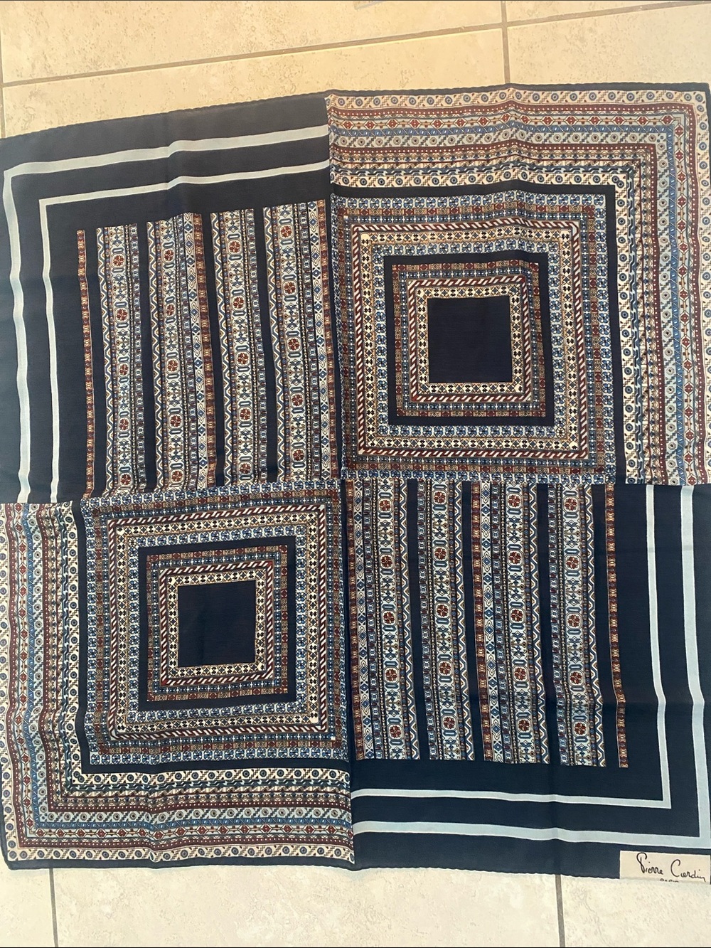 Vintage Pierre Cardin Navy Geometric Pattern Square Scarf 26”